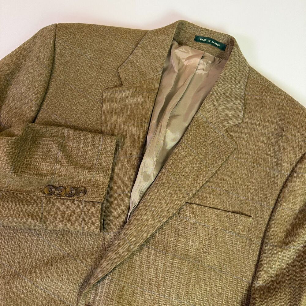 Lauren Ralph Lauren Wool Blazer Mens 44R Tan Herringbone Windowpane Sport Coat